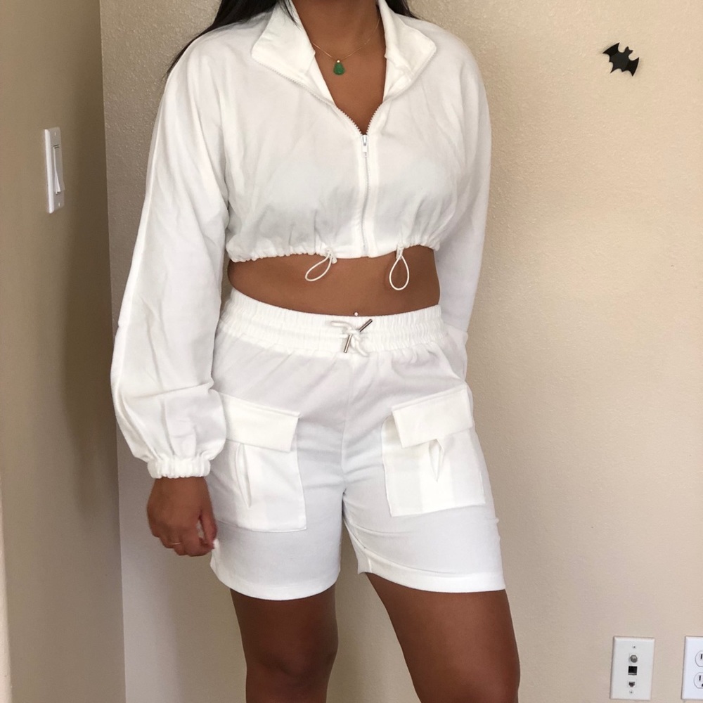 2 piece high waisted shorts and crop jacket